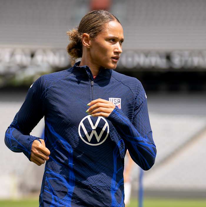 U.S. forward Lynn Williams in action, warming up for a game against New Zealand.